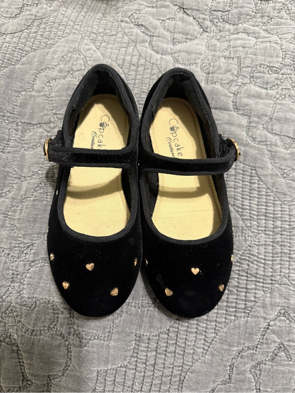 Cupcake Couture Black Velvet Mary Jane Dress Shoes with Gold Heart Studs